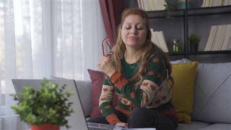 Eye Pain Long Working Mature Woman Looks At Her Laptop At Home Old Woman With Glasses Has Sore