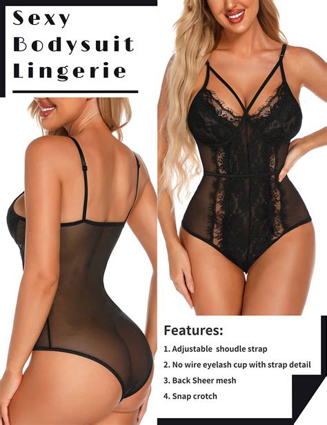 Aranmei Women Sexy Eyelash Lace Bodysuit Snap Crotch Teddy Lingerie