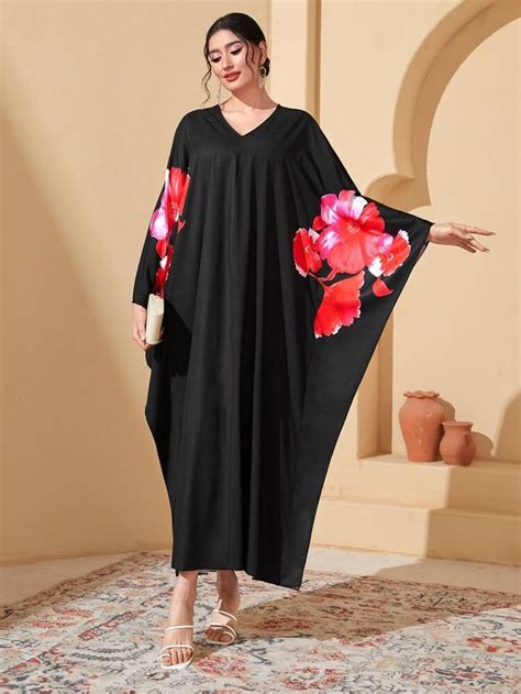 Shein Najma Floral Print Batwing Sleeve Kaftan Clothes For Women