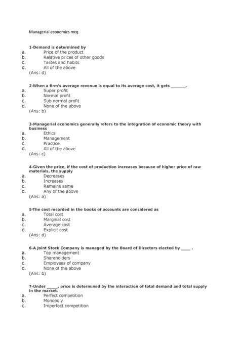 Economics Multiple Choice Questions On Demand And Supply