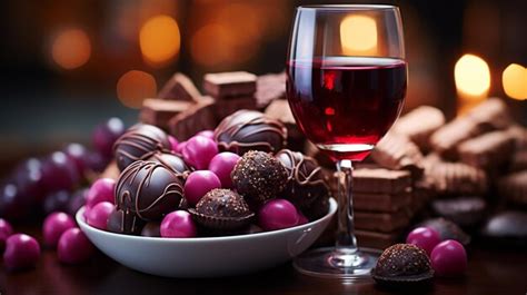 Premium Ai Image Glass With Delicious Wine And Sweets On Table In Room