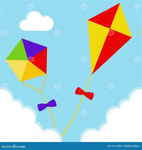 Kites Fly In The Clouds Against The Blue Sky Two Realistic Kites Stock