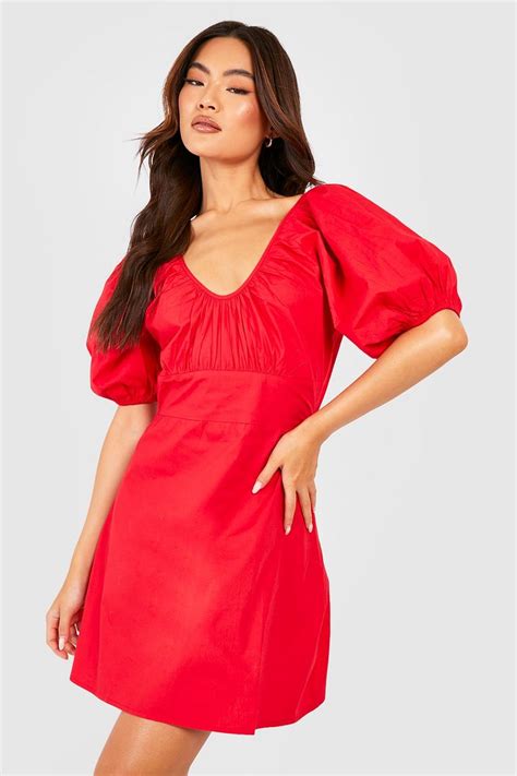 Cotton Poplin Puff Sleeve Scoop Mini Dress Boohoo Uk