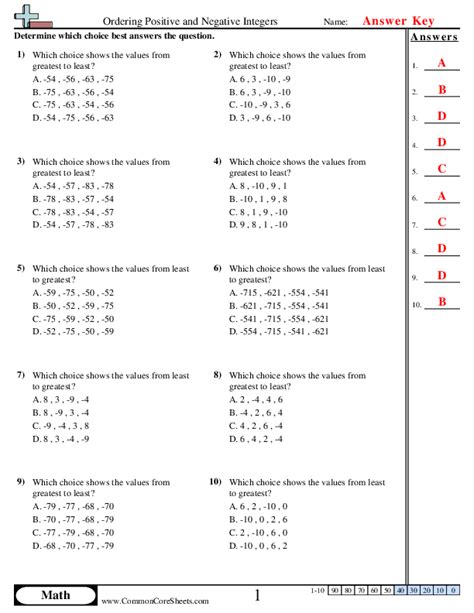 Ordering Positive And Negative Integers Worksheet Download Worksheets Library