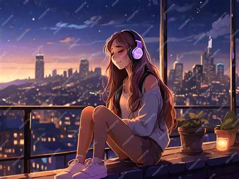 Premium AI Image | Sad Anime Girl Listening Music Lofi Night