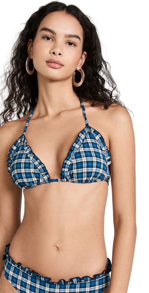 Buy Ganni Recycled Seersucker Frill Triangle Bikini Top Check Azure