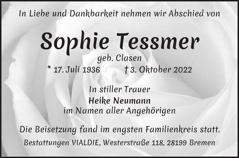 Traueranzeigen Von Sophie Tessmer Trauer Gedenken