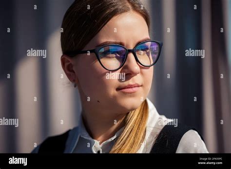 Confident Business Woman Boss Standing In Modern Office Wearing Glasses Female Leader Business