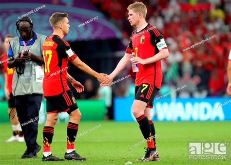 Belgium's Leandro Trossard and Belgium's Kevin De Bruyne react after they lost a soccer game ...