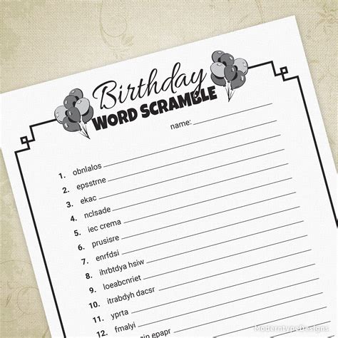 Birthday Word Scramble Game Printable Birthday Words Scramble Game