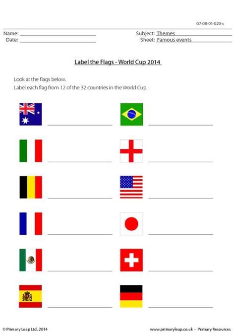 PrimaryLeap.co.uk - Label the Flags - World Cup 2014 Worksheet ...