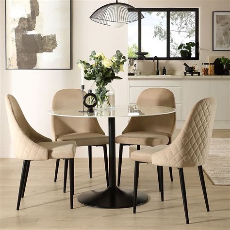 Orbit Round Dining Table Ricco Dining Chairs White Marble Effect