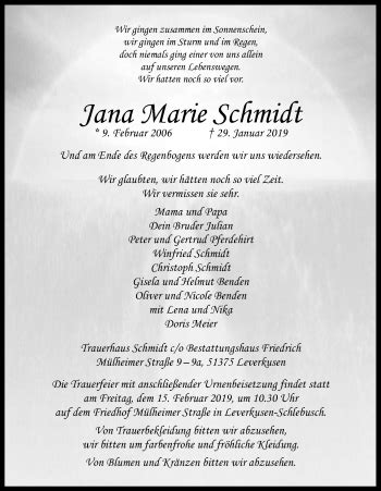 Traueranzeigen Von Jana Marie Schmidt WirTrauern