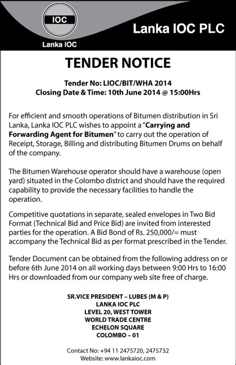 Tender Notice Lanka Ioc Plc