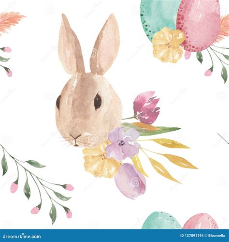 Easter Bunny Eggs Watercolor Pastel Spring Leaves Floral Seamless