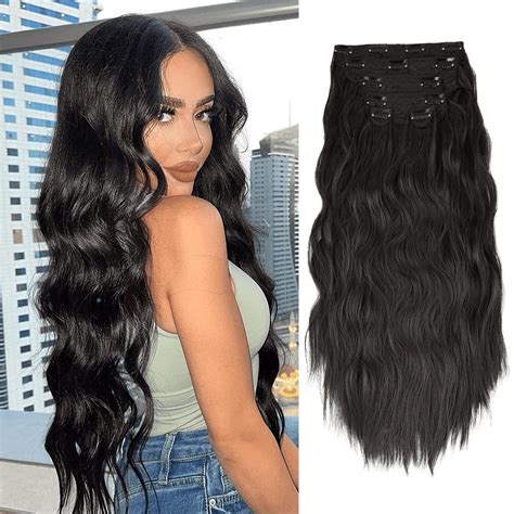 Morica 20 Inch Long Wavy Synthetic Hair Extensions For Women Natural Black Full Head Clip In