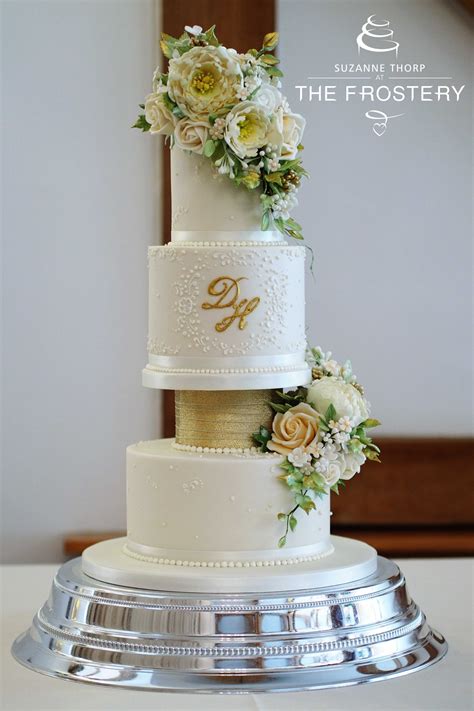 Three Tier Wedding Cake With Separator Hand Piping And Open Peony