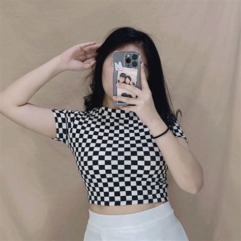 Jual LINFORD ZEC OOTD Wanita Kaos Crop GIAYU Checker Catur Crop Top