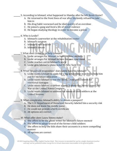A Long Way Gone by Ishmael Beah Chapters 17 through 21 Quiz and Answer