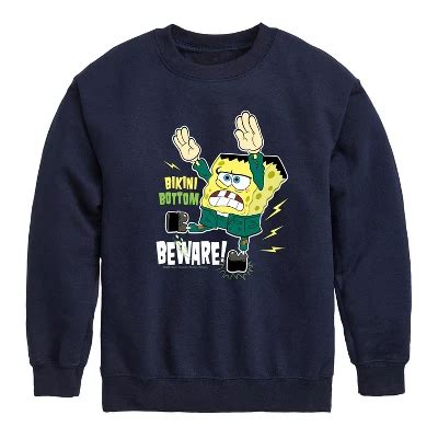 Spongebob Squarepants Bikini Bottom Beware Graphic Long Sleeve Fleece Sweatshirt Navy T