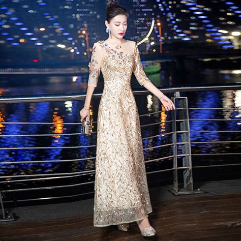 Eaglely Sequins Glitter Long Gold Evening Dress Women Elegant Classy