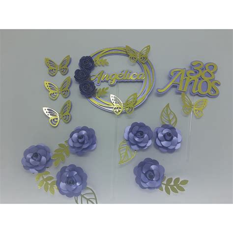 Topo De Bolo Flor Lilas - Topo de Bolo Flores Lilás e Dourado personalizado | Shopee Brasil