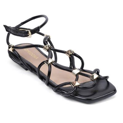 Sand Lia Feminina Rasteirinha Tiras Cruzadas Pedrarias Spikes Preto