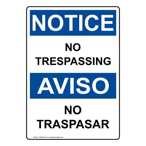 Osha Notice No Trespassing Sign Onb 4919 No Soliciting Trespass