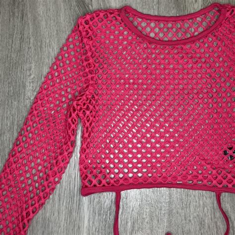 Hot Pink Fishnet Long Sleeve Crop Top With Tie In Depop