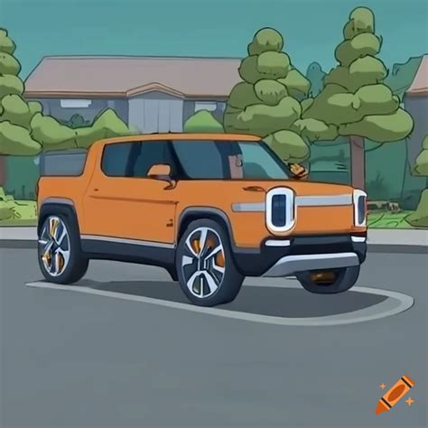 Orange Rivian R1t Driving In A Street In A Cartoon Scene On Craiyon