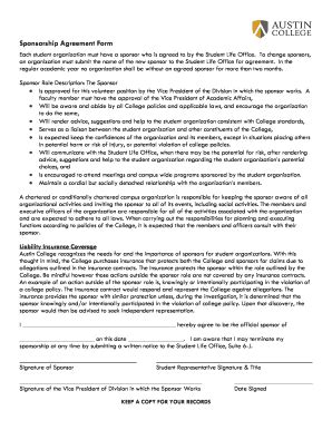 Fillable Online Austincollege Sponsorship Agreement Form 2011 Doc Fax