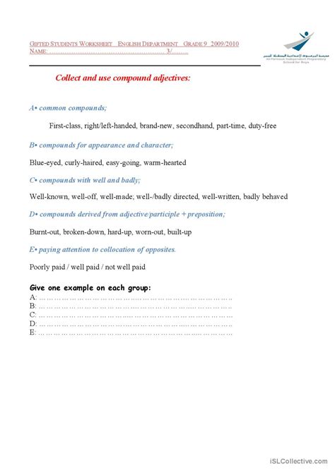 Compound Adjectives Espa Ol Ele Hojas De Trabajo Pdf Doc