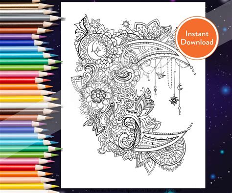 Printable Mandala Moon DIGITAL Coloring Page INSTANT DOWNLOAD - Etsy