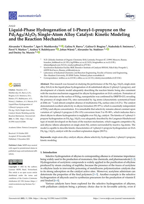 Pdf Liquid Phase Hydrogenation Of Phenyl Propyne On The Pd Ag