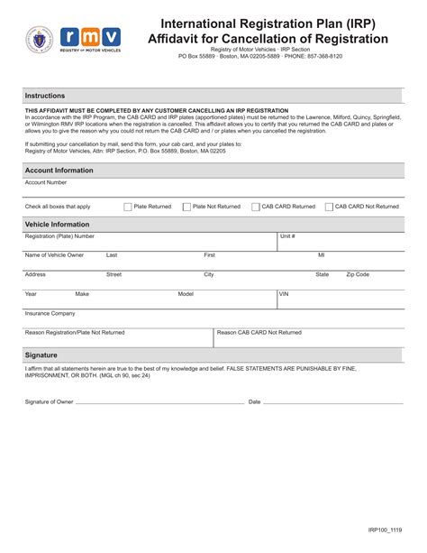 Mass Rmv Irp Affidavit For Cancellation Of Registration Forms Docs 2023