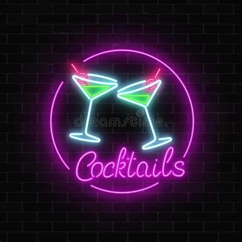 Neon Cocktails Bar Sign On Dark Brick Wall Background Glowing Gas Advertising With Glasses Of