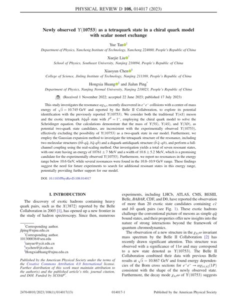 Pdf Newly Observed ϒ 10753 As A Tetraquark State In A Chiral Quark Model With Scalar Nonet