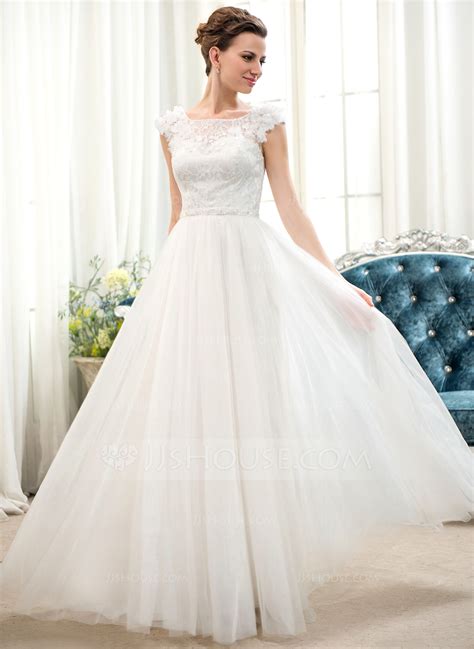 A Line Princess Scoop Neck Floor Length Tulle Lace Wedding Dress With