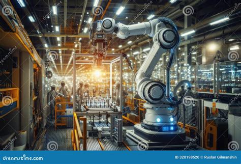 Robot Arms On Fully Automated Assembly Line Inside Modern Electronics