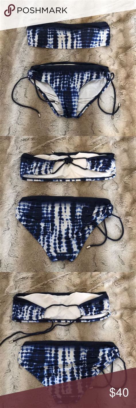 Michael Kors Blue White Tie Dye Bandeau Bikini