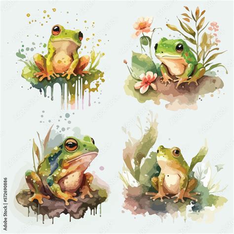 cute doodle frog with watercolor vector illustration set Stock Vector | Adobe Stock