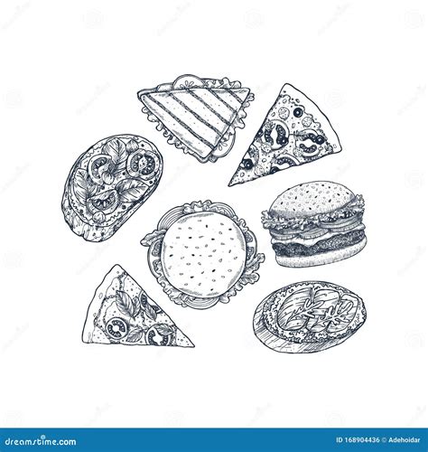 Hand Drawn Fast Food Set Pizza Italian Bruschetta Burger Sandwich