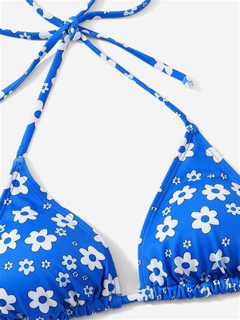 Emmiol Free Shipping 2023 Allover Floral Halter Bikini Set Blue M In