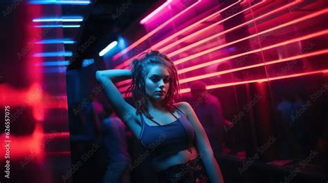 Sexy Dance Girl In A Erotic Dress Posing In Dark Neon Night Club Neon Lights Background With A