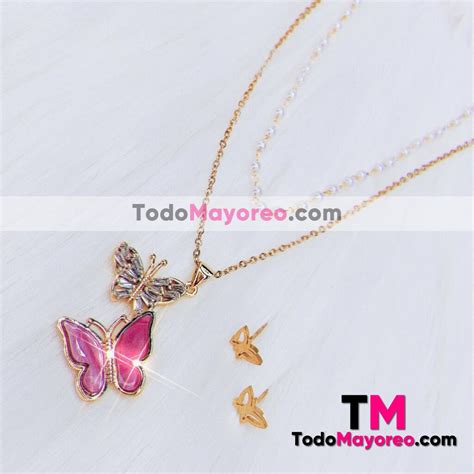 Set Collar Y Aretes Doble Cadena Con Perlas Dije De Mariposas Con