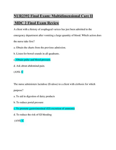 NUR2392 Final Exam Multidimensional Care II MDC 2 Final Exam Review