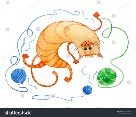 Crazy Red Cat Clews Watercolor Illustration Stock Illustration