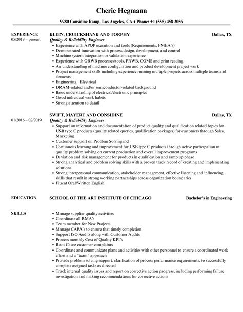 Quality Reliability Engineer Resume Samples Velvet Jobs