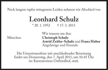 Traueranzeigen Von Leonhard Schulz SZ Gedenken De