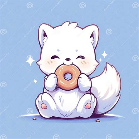 Arctic Fox Eat Doughnut Animal Chibi Cartoon Style Isolated Plain